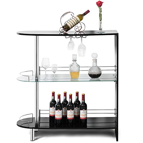 COSTWAY Bar Cabinets Table with 2-Holder, Modern Liquor Display Bar Cabinet with Tempered Glass Shelves, Wine Storage with Wine Glass Holders Ideal for Home/Kitchen/Bar/Pub, Black