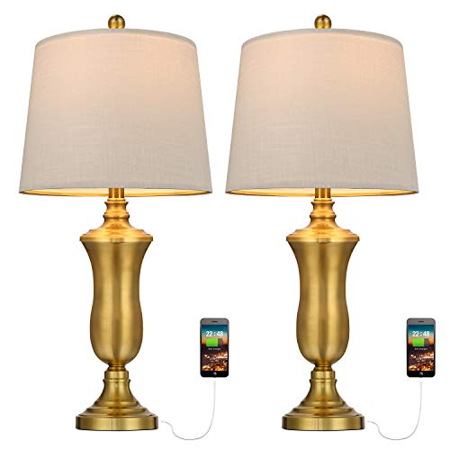 Oneach Modern USB Table Lamps Set of 2 for Living Room Nightstand Lamp with Fabric Drum Shade Ambient Light for Bedroom Office Antique Brass