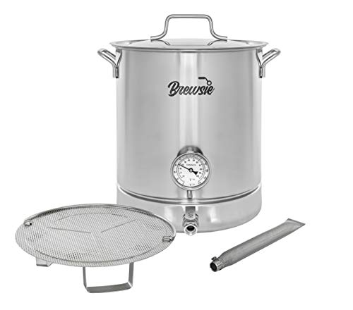 BREWSIE Stainless Steel Home Brew Kettle w/Dual Filtration. Equip with False Bottom Thermometer and Ball Valve for Brewing (10 Gal/ 40 Quart)