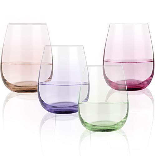 Multi Colored Stemless Wine Glass, Set of 4 Wine Glasses Gift for Women Men Engagement Party Dinner Birthday, 15 Oz Drinking Wine Glass for Red White Wine Water Juice, (Purple, Green, Orange, Red)