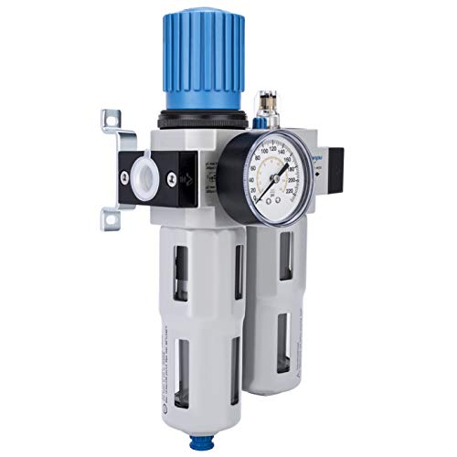 NANPU 1/2' NPT High Pressure Compressed Air Filter Regulator Lubricator Combo 1/2' NPT Water/Oil Trap Separator - Gauge(0-230 psi), Poly Bowl,Semi-Auto Drain, Bracket - 3 in 1 Two Unit