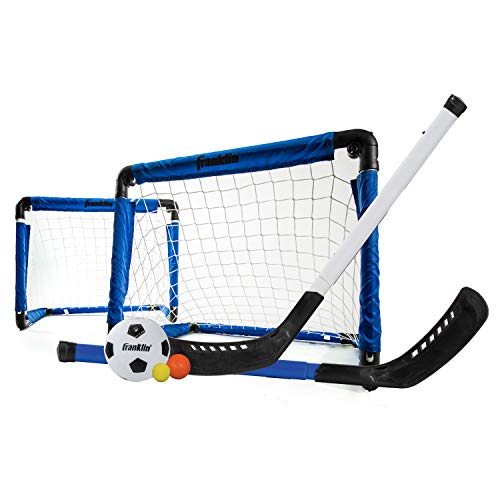 Franklin Sports Indoor Mini Goal Sports Set - 3 in 1 Kids Indoor Goal Set - Indoor Mini Floor Hockey, Knee Hockey, and Mini Soccer Set for Kids