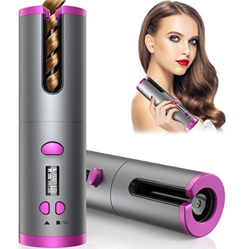 Cordless Hair Curler, Automatic Curling Iron with 6 Adjustable Temperature, Auto Rotating Ceramic Barrel Hair Curler Fast Heating, Portable USB Rechargeable Beach Waves Curling Iron Wand