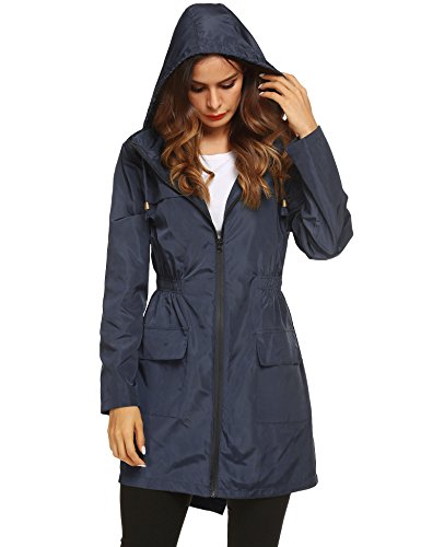 LOMON Womens Lightweight Packable Outdoor Raincoat Windproof Hoodies Trench Rain Jacket Navy Blue