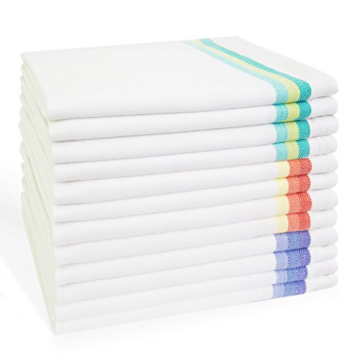 Harringdons Kitchen Dish Towels Set of 12-Tea Towels 100% Cotton. Large Dish Cloths 28'x20' Soft and Absorbent. White with Blue, Green and red Stripes, 4 of Each. There's no Substitute for Quality