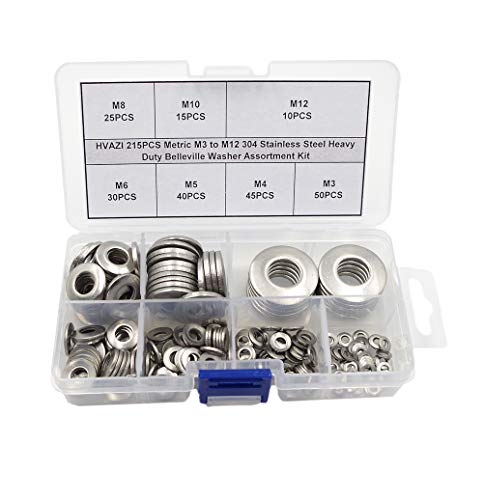 HVAZI 215PCS Metric M3 to M12 304 Stainless Steel Heavy Duty Belleville Washer/Conical Spring washers for Bolt/nut Assemblies Assortment Kit