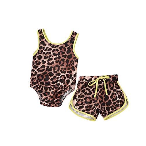 2PCS Newborn Baby Girl Clothes Sleeveless Leopard Print One Piece Swimsuit+Shorts Swimwear Beach Bikini Bathing Suit Set (Brown, 12-18 Months)