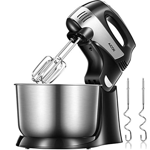 Hand Mixer Electric 2 in 1 Stand Mixer 6 Option (Precise 5 Speed + Turbo) with 3.7 Quarts Stainless Steel Bowl Include Beaters and Dough Hooks, Easy Install & Disassemble, AICOK
