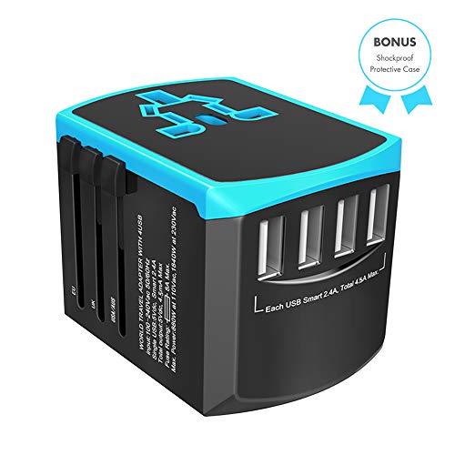 Travel Adapter, FIREOR Universal International Power Adapter with Smart High Speed 2.4A 4 USB Wall Charger, Worldwide AC Outlet Plugs Adapters for Europe, UK, US, AU, Asia - Blue