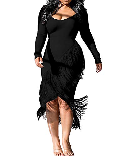 BIUBIU Womens Sexy Long Sleeve Midi Bodycon Cocktail Party Clubwear Dresses with Tassel Black