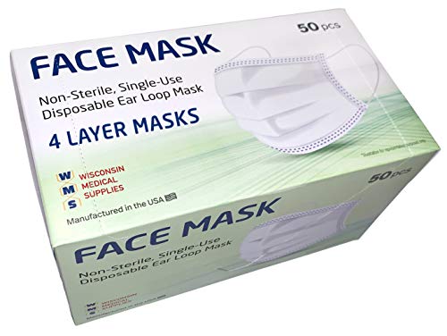 WMS 4-Layer Face Masks, Wisconsin Medical Supplies, MADE IN USA, 1 Pack (50 PCs)