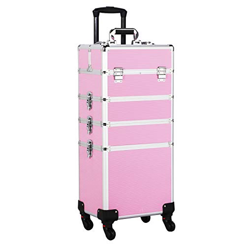 Yaheetech Proessional Travel Makeup Train Case Rolling Pink 4 in 1 Large Makeup Cosmetic Case On Wheels Makeup Organizer Storage with Dividers For Makeup Artist
