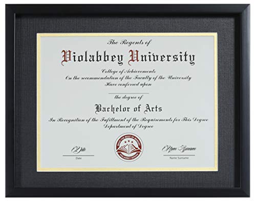 Violabbey Stereoscopic Diploma Frame, 8.5x11 or 11x14 for Documents&Certificates, Smooth Matte Black Wood Grain Finish, Wall Mounting&Tabletop Display, Tempered Glass, Double Mat: Beige with Brown Rim