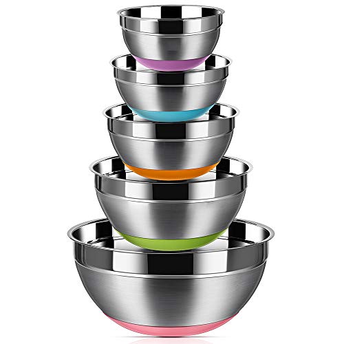 Stainless Steel Mixing Bowls (Set of 5), Non Slip Colorful Silicone Bottom Nesting Storage Bowls by Regiller, Polished Mirror Finish For Healthy Meal Mixing and Prepping 1.5 - 2 - 2.5 - 3.5 - 7QT