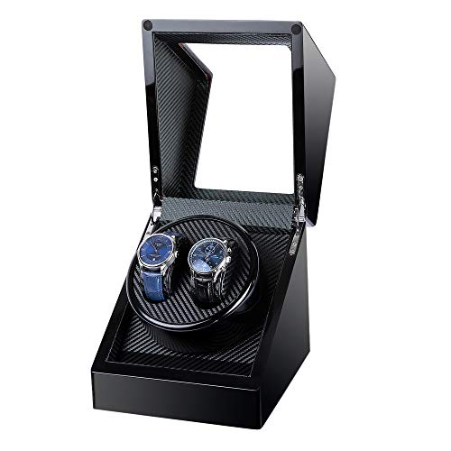 Kalawen Double Wooden Watch Winder for Automatic with Quiet Motor, Battery Powered or AC Adapter (Black)