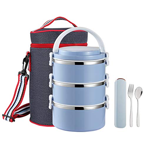 WORTHBUY Stainless Steel Thermal Lunch Box, 100% Leakproof Contain with Insulated Lunch Bag, Large Capacity Food Storage Container for Kids Adults Women Men(3-Tier, Blue)