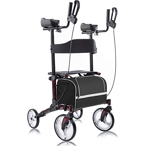 BEYOUR WALKER Upright Walker, Stand Up Rollator Walker Tall Rolling Mobility Walking Aid with 10” Front Wheels, Seat and Armrest for Seniors and Adults, Flame Red