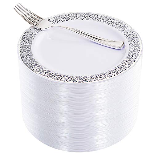 WDF 100pcs Silver Dessert Plates 7.5' with 100 Pieces Disposable Forks 7.4',Lace Design Wedding Party Plastic Plates, Fancy Salad Plates and Appetizer Plates for all Holidays & Occasions
