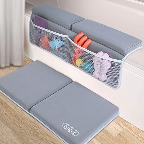beiens Bath Kneeler with Elbow Rest Set, 1.5'' Thick Quickly Dry Kneeling Pad and Elbow Support for Knee & Arm Support Large Bathtub Kneeling Mat with Toy Organizer for Happy Baby Bathing Time (Grey)