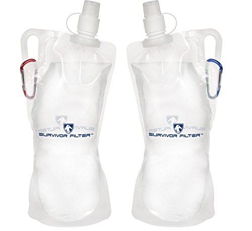 Survivor Filter Collapsible Canteens (33oz) 2 Pack (2L Total) - Durable Carabiners and Handles. Squeeze Water Through a Filter or Use as Water Bottles. Light and BPA Free.