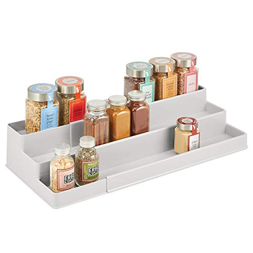 mDesign Medium Plastic Adjustable, Expandable Kitchen Cabinet, Pantry, Shelf Organizer/Spice Rack with 3 Tiered Levels of Storage for Spice Bottles, Jars, Seasonings, Baking Supplies - Light Gray
