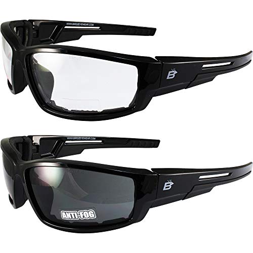 2 Pairs of Birdz Eyewear Swoop Anti-Fog Padded Motorcycle Sunglasses Black Frame Clear + Smoke Lenses