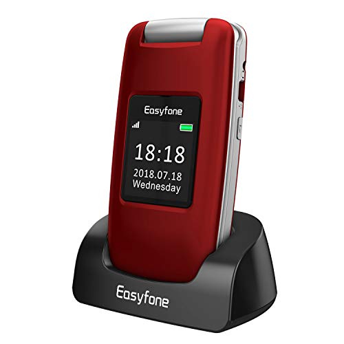 Easyfone Prime A1 3G Unlocked Senior Flip Cell Phone, Big Button Hearing Aids Compatible Easy-to-Use Basic Cell Phone with Charging Dock(Red)