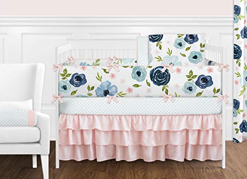 Sweet Jojo Designs Navy Blue and Pink Watercolor Floral Baby Girl Nursery Crib Bedding Set with Bumper - 9 Pieces - Blush, Green and White Shabby Chic Rose Flower Polka Dot