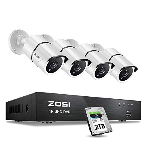 ZOSI 4K Ultra HD Security Cameras System, 8 Channel H.265+ 4K (3840x2160) Video DVR with 2TB Hard Drive and 4 x 4K (8MP) Ip67 Bullet Weatherproof Surveillance Cameras