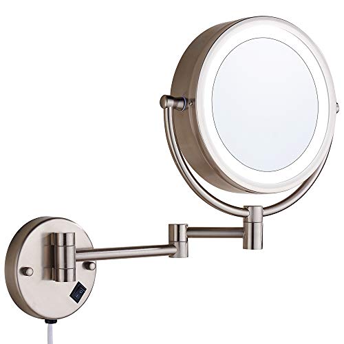 Cavoli Wall Mounted Makeup Mirror with LED Lighted 10x Magnificationwall Mounted Mirror, 3 Colors Lights Modes, 13' Extension Arm Magnifying Vanity Mirror Electric Plug Powered, Brushed Nickel Finish