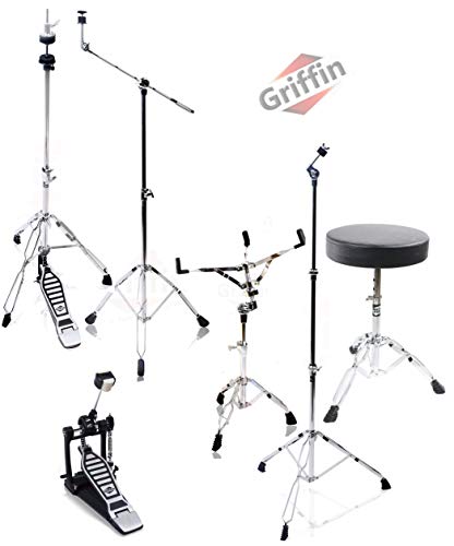 Complete Drum Hardware Pack 6 Piece Set by Griffin | Full Size Percussion Stand Kit with Snare, Hi-Hat, Cymbal Boom, Throne Stool and Single Kick Drum Pedal | Lightweight and Portable|Perfect for Gigs