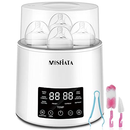 MOSFiATA Bottle Warmer and Sterilizer, BPA Free 4 Bottles Capacity 7-in-1 Steam Baby Bottle Warmer with 0.5 to 24 Hrs Timer, Bottle Sterilizer with LED Display Fast Food Heater with Brushes and Tongs