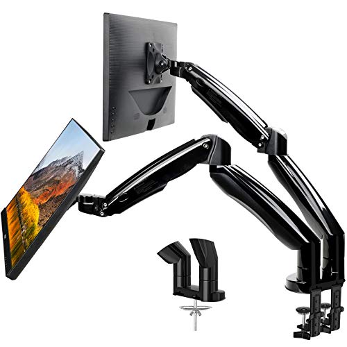 HUANUO Dual Monitor Mount Stand - Long Double Arm Gas Spring Monitor Desk Mount for 2 Screens 22 to 32 Inch Height Adjustable VESA Bracket with Clamp, Grommet Base -Each Arm Hold up to 26.4 lbs