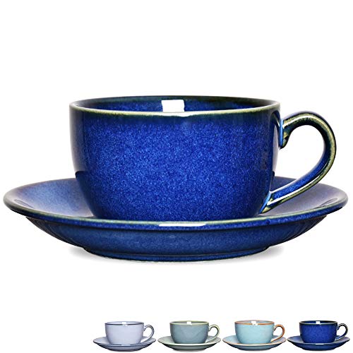 Bosmarlin Coffee Cup Mug with Saucer for Latte, Cappuccino, Tea, 8.5 Oz, Dishwasher and Microwave Safe, Reactive Glaze, 1 Pcs(Royal blue, 1)