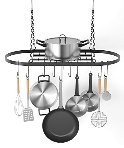 X Home Pot and Pan Rack for Ceiling with Hooks, Decorative Oval Mounted Storage Rack, Multi-Purpose Hanging Hanger Organizer for Home, Restaurant, Kitchen Cookware, Utensils, Books, 32' X 16.5'