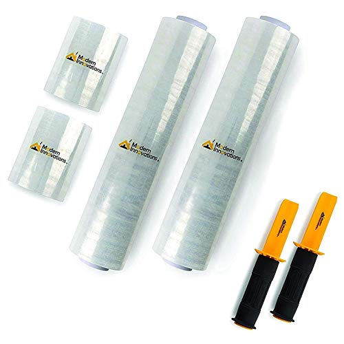 5 Inch and 15 Inch Stretch Film (2 of Each Size) Total 4 Stretch Rolls and 2 Handles - Industrial Clear Plastic Stretch Wrap with Handles - Stretch Wrap for Moving and Pallet Wrapping - 1000 Feet Long