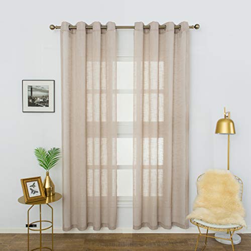 Aquazolax Linen Semi Sheer Curtains Short Window Voile Panels Grommet Top Kitchen Bedrooom Window Treatment Set, 1 Pair, 52 x 63 Inch, Coffee