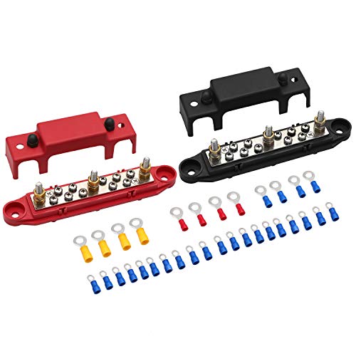 Mofeez Bus Bar -3x1/4”Post,10x#8 Screw Terminal Power Distribution Block with Ring Terminals(Pair - Red & Black)