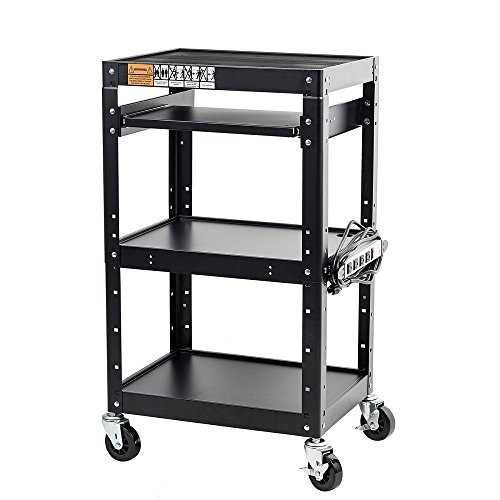 Pearington AV and Presentation Cart Stand for Video Projector, TV, Laptop Computers, Printers-Metal Construction Rolling Storage Cart with Adjustable Shelves and 4 wheels;4 outlets and 12” cord, Black