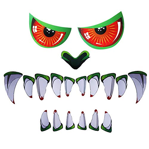 DR.DUDU Halloween Green Monster Face Garage Door Decoration, 19 PCS PVC Scary Monster Face Window Gateway Door Car Sticker Decor with Eyes Teeth Cutouts (Assembly Needed) Halloween Party