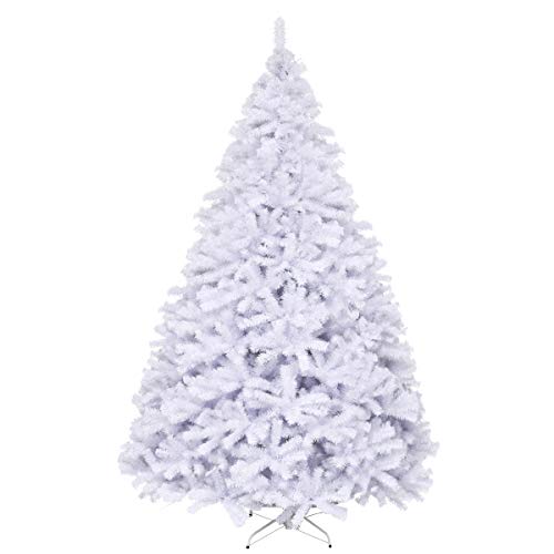 Goplus White Artificial Christmas Tree, 9ft Premium Unlit Hinged Spruce Full Tree, with Metal Stand, Easy Assembly, for Indoor and Outdoor Use