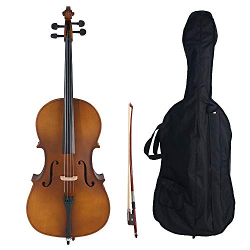 Acoustic Cello Wood Color Beautiful Varnish Finishing，with Soft Case, Bow, Rosin and Bridge，Size 4/4 (Matte Golden)