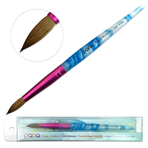 PANA USA Acrylic Nail Brush Pure Kolinsky Hair Acrylic White Swirl Blue Handle with Pink Ferrule Round Shaped - Size 10