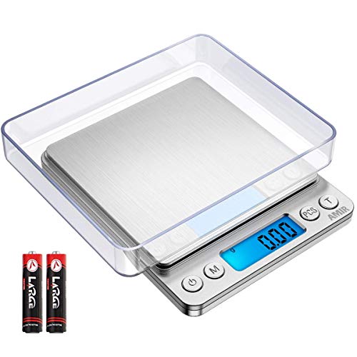 AMIR Digital Kitchen Scale Upgraded, 500g/0.01g Mini Pocket Jewelry Scale, Cooking Food Scale with Back-Lit LCD Display, 2 Trays, 6 Units, Auto Off, Tare, PCS Function, Stainless Steel