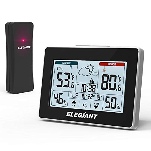 ELEGIANT Wireless Weather Station, Indoor Outdoor Thermometer Hygrometer with Sensor, LCD Touch Screen, Digital Temperature Humidity Monitor, Weather Forecast, Time & Date(7 Language), 3 Channels