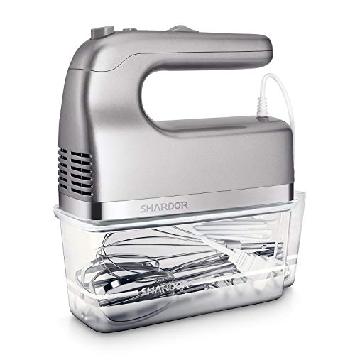 SHARDOR Hand Mixer 350W Power Advantage Electric Handheld Mixers with 5 Stainless Steel Attachments(2 Beaters, 2 Dough Hooks and 1 Whisk), Storage Case, Silver