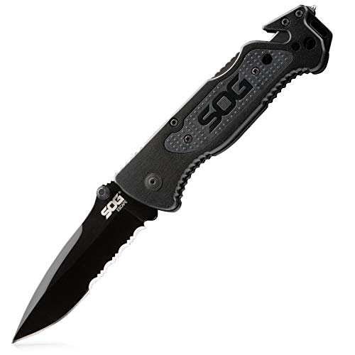 SOG Tactical Folding Knife - Escape Pocket Knife, Emergency Knife and Survival Knife w/ 3.4 Inch Serrated Edge Knife Blade and Glass Breaker (FF25-CP)