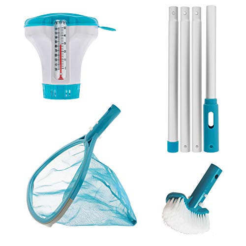 U.S. Pool Supply Professional Heavy Duty Spa, Hot Tub, Pond Cleaning & Maintenance Set - Skimmer Net with Deep Fine Mesh Netting, Spa Scrubbing Brush, 4 Foot Pole, Floating Chlorine Chemical Dispenser