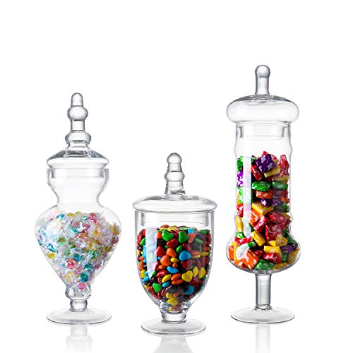 Diamond Star Set of 3 Clear Glass Apothecary Jars, Decorative Weddings Candy Buffet Display Elegant Storage Jar (H: 9', 12.5', 14')