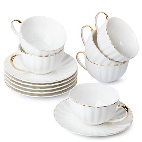 BTaT- Tea Cups and Saucers, Set of 6 (7 oz) with Gold Trim and Gift Box, Cappuccino Cups, Coffee Cups, White Tea Cup Set, British Coffee Cups, Porcelain Tea Set, Latte Cups, Espresso Mug, White Cup